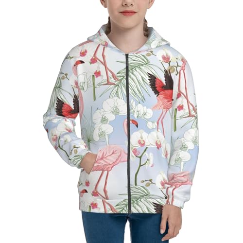 Tropical Plants and Flamingo Kid Hoodies Boys Zip Up Sweatshirts Girls Pullover with Pocket3