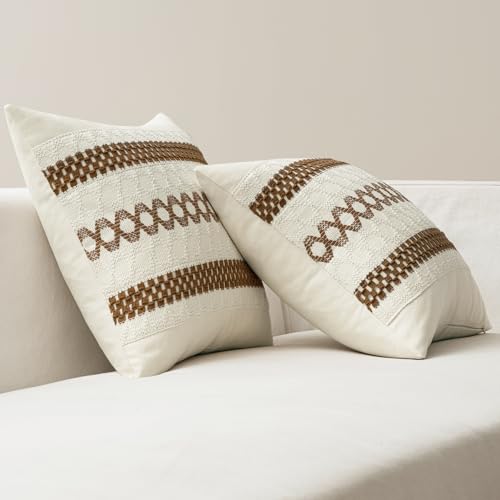 Image of MIULEE Set of 2 Coco Brown Boho Decorative Pillow Covers 18x18 Inch | Farmhouse Couch Throw Pillows Modern Spring Cotton Cushion Covers Macrame Woven Home Decor for Bed Sofa Chair