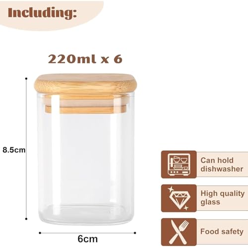 Image of Glass Food Storage Containers with Airtight Bamboo Lid, Coffee Storage Jars for Home Kitchen, Pantry Tea, Spices, Snack (SQUARE 230 ML JAR, SET OF 12)