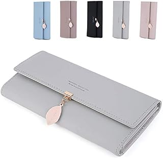 ZhengYue Ladies Purse, PU Leather Wallet for Women RFID Blocking Ladies Leaf Pendant Coin Zipper Long Purse with Multiple Card Slots and Card Holders Phone Pocket Grey