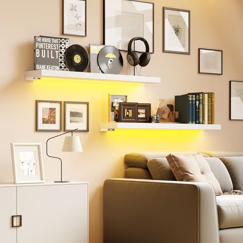 BAMEOS Floating Shelves with LED Lights, 31" White Wall Mounted Wooden Shelves with Invisible Brackets, Set of 2, Hanging Wall Shelves for Bedroom, Bathroom, Living Room and Kitchen Decoration BAMEOS Floating Shelves with LED Lights, 31" White Wall Mounted Wooden Shelves with Invisible Brackets, Set of 2, Hanging Wall Shelves for Bedroom, Bathroom, Living Room and Kitchen Decoration