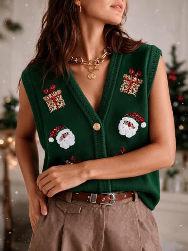 Image of Women Christmas Sweater Vests Santa Claus Sleeveless Cardigan | Women Christmas Sequin Sweater Vests, Button Down, Gingerbread Man Print, Christmas Holiday Tank Top