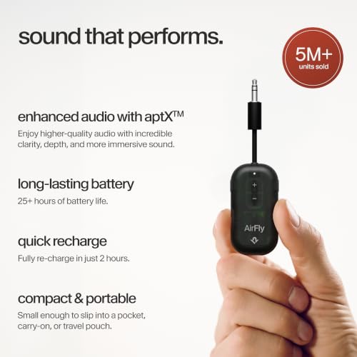 Image of AirFly Pro 2 - Bluetooth Adapter for Airplane, Pair 2 AirPods or Wireless Headphones - 3.5mm AUX Bluetooth Transmitter for Cars, Boats, Treadmills, TVs- Airplane Travel Essentials, Black Ice