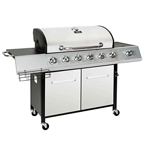 CHARLES BENTLEY 7 Burner Premium Gas BBQ Barbecue with Side Burner, Warming Rack, Double Layered Hood, Side Table, Thermometer, Utensil Hooks, Bottle Opener, And More In Silver (152.5x110cm)
