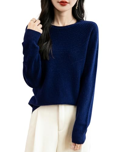 Image of Chanyarn Women's 100% Merino Wool 2024 Fall Winter Crewneck First-Line Ready to Wear Long Sleeve Seamless Knit Sweater, Navy Blue, Small