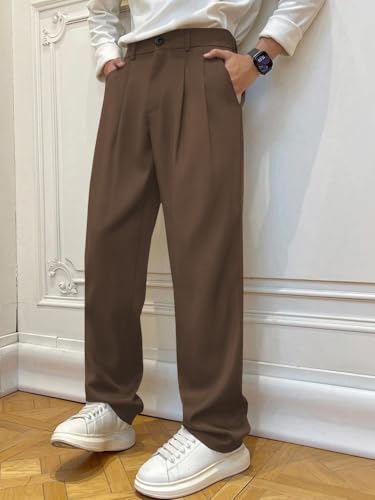 Image of Men's Relaxed Straight Leg Loose Fit Pleated Trousers | Mid-Rise Formal Pants with Zip Fly & Button Closure | Solid Regular Length Office Wear Trousers