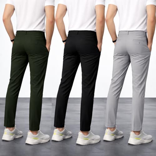 Image of Pack of 3 Trendy Formal Trouser Like Track Pant Black Light Grey and Olive Green Color Combo