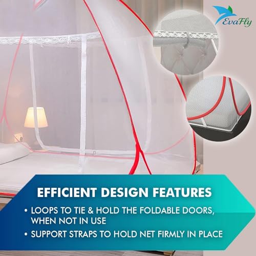 Image of Evafly King Size Mosquito Net for Bed with Heart Design | Premium Polyester Mesh | Foldable Pop Up Bed Net | Fine Mesh Protection from Mosquitoes & Insects | Easy Setup, Washable | Red