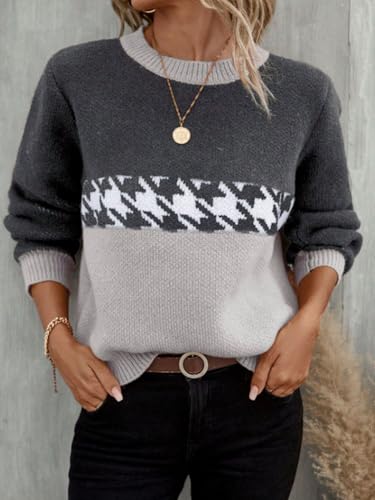 Image of chouyatou Women's Vintage Color Block Long Sleeve Pullover Sweater Houndstooth Printed Crewneck Jumper Tops