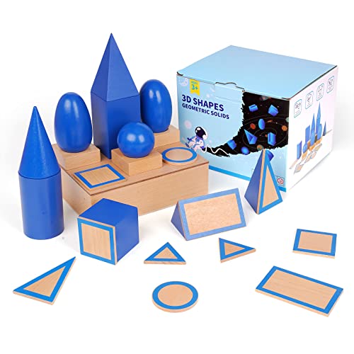 AXEARTE 3D Shapes Geometric Solids, Large Wooden Montessori Toys, Math Manipulatives Geometry Set Geo Blocks for Kids Preschool Learning STEM Toys, Classroom Supplies