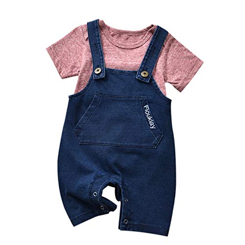 2PcsUnisex-Baby-Vintage-Clothes-Infant Jeans Overalls Romper Outfit Sets (Light-red&Blue, 12-18Months)