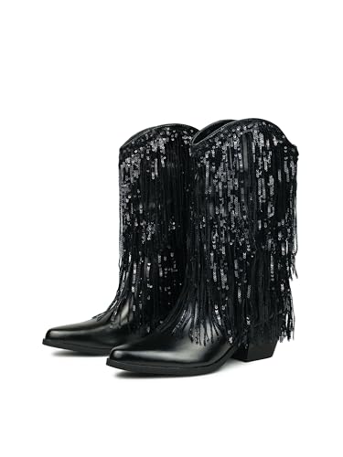 Image of HiColor women's leather-like thick-heeled western pointed booties Black tassels & sequins decorated fashionable boots
