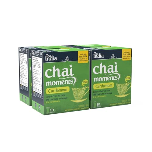 Tea India Chai Moments Cardamom Chai Tea Instant Latte Mix Flavorful Blend Of Premium Black Tea, Cardamom & Natural Ingredients Traditional Indian Tea Individually wrapped 10 Sachets Pack of 4