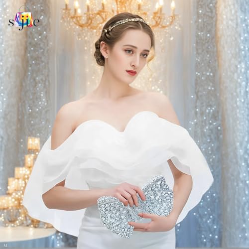 Image of Handmade Inlay Rhinestone Bow Clutch Bag for Women, Sparkling Evening Party Wedding Purse with Detachable Pearl Chain
