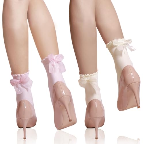 2PCS Women Ruffle Socks Knit Soft Frilly Crew Socks with Bow Anklet Socks Cute Casual Breathable Socks2