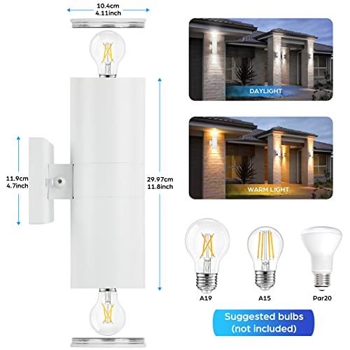 Image of TOBUSA 2-Pack White Outdoor Wall Sconces Dusk to Dawn, Up Down Modern Exterior Light Fixtures for House, Outside Wall Lights for Porch Garage Patio Front Door Hallway, Weather-Proof Aluminum Finish
