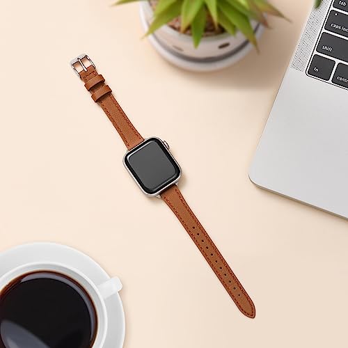 Image of STIROLL Slim Leather Bands Compatible with Apple Watch Band 38mm 40mm 41mm 42mm 44mm 45mm 49mm, Top Grain Leather Watch Thin Wristband for iWatch Ultra SE Series 8 /7 /6 /5 /4 /3 /2 /1 (Brown with Starlight,