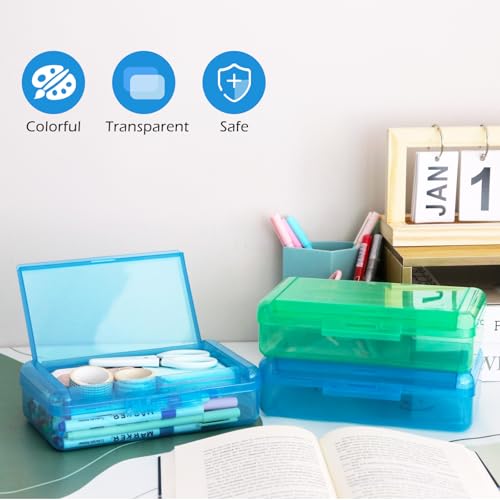 Image of 6 Pack Double Layer Hard Pencil Cases, Plastic Translucent Pencil Box with Snap-Tight Lid for Pens, Pencils, School, Stylish Office Supplies Storage Organizer Box (Multi-color)