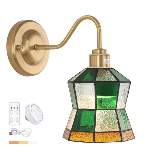 Image of Shenmoyl Vintage Battery Operated Wall Sconce with Remote, Rechargeable LED Wall Lamp 3 Colors Dimmable, Brass Wall Lights Fixture for Bedroom Bathroom Living Room Hallway Polygonal Checker