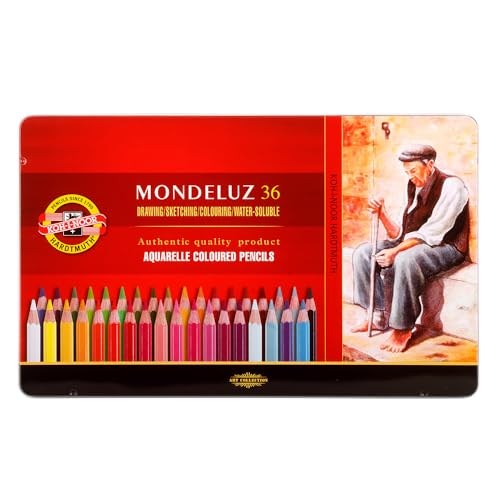 Crayons aquarellables Koh-I-Noor Mondeluz en boîte métal de 36 couleurs assorties de qualité