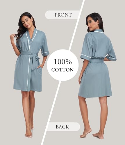 Image of ANLIQI Womens 100% Cotton Robes Lightweight Summer Short Sleeve Lady Bathrobe Knee Length Kimono Robe Sleepwear with Pockets
