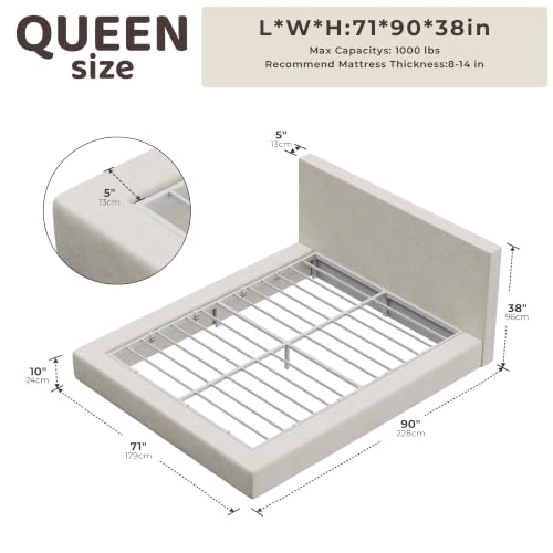 Image of RECCI AirFrame Queen Bed Frame with Headboard, Cloud Upholstered Platform Bed Frame, 5 Inch Foam Cushioned, No Box Spring, Easy Assembly(Beige Chenille)