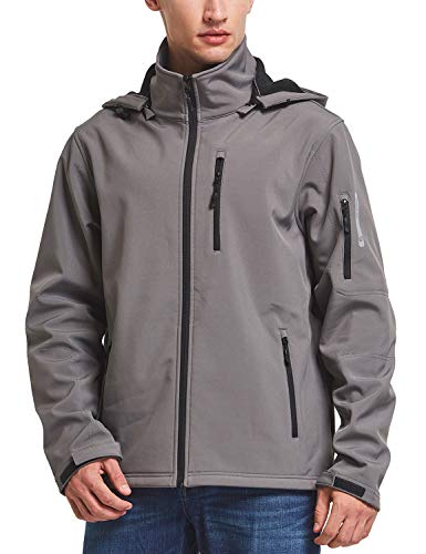 BALEAF Men's Waterproof Softshell Jacket Fleece Lined Windproof Jacket Removable Hood Winter Coat Gray L