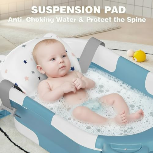 Image of TPN Collapsible Baby Bathtub for Infants to Toddler with Real-time Temp Monitor+Floating Cushion,Foldable Baby Bath Tub Set Applicable 0-36 Month,Perfect Portable Travel Baby Tub for Newborns Boy