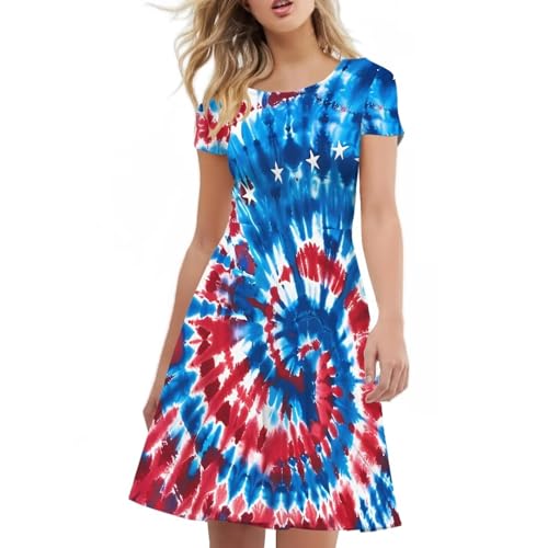 Image of POLERO Women Puffy Swing Elegant Party Midi Dresses Short Sleeve Round Neck A-Line Dress