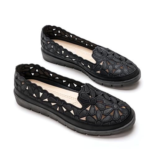 Imagen de GLAMORA Bailarinas Mujer Caladas Diseño Floral Zapatos Planos Plataforma Ligera Suela Flexible Antideslizante Plantilla Blanda Cómodas Transpirables Calzado Verano negro-38