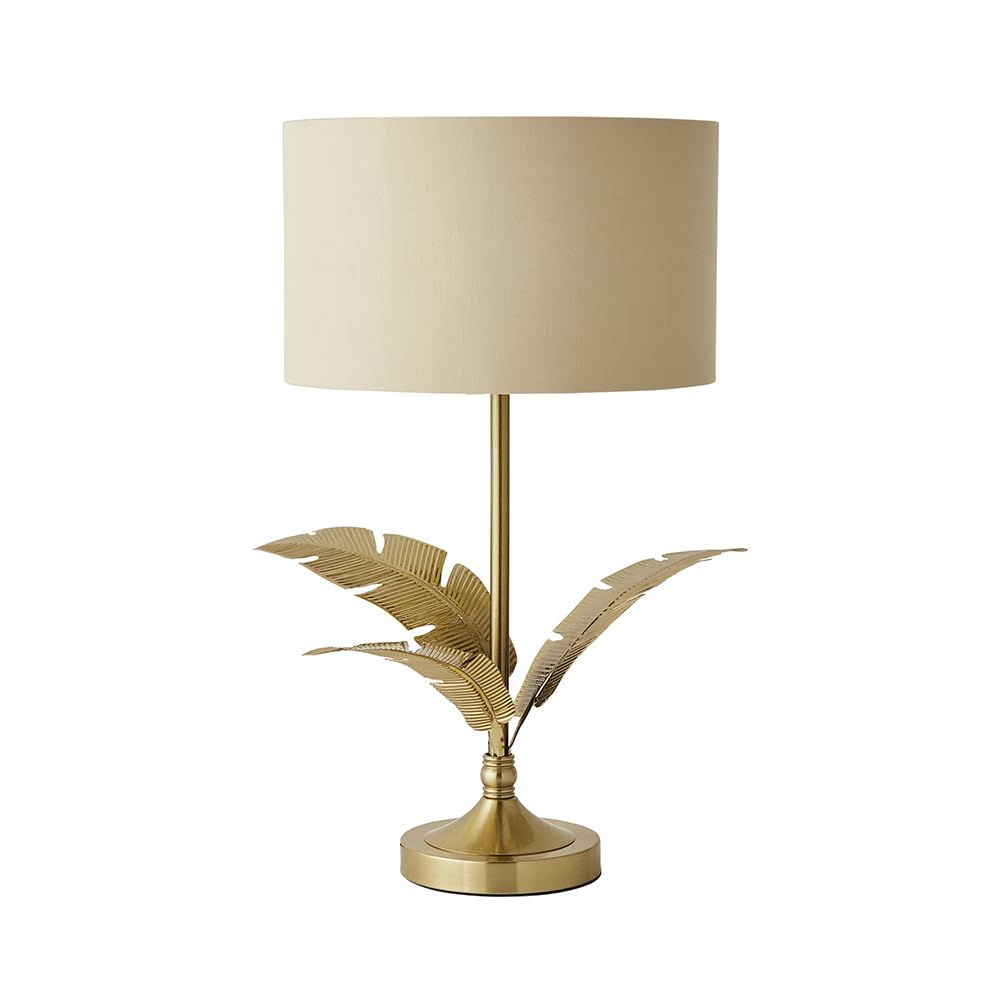 ValueLights Christina Table Lamp - Gold Palm Leaf Design - Beige Drum Shade with Gold Interior - Includes Bulb