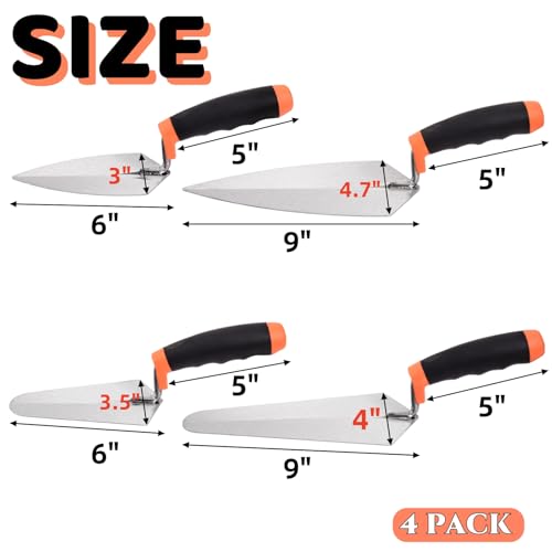 YIMITEE 4 Pack 6" Masonry Hand Tool Set, Pointing Trowel Gauging Trowel Set with Rubber Grip, Carbon Steel Masonry Brick Trowels, Bricklaying Trowels for Concrete Cement Plaster Mortar Stucco Tile - Image 2