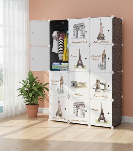 Image of KRISHYAM Kids Modular Storage Cabinet with Travel Landmark Design Doors, 12 Cube Plastic Wardrobe Organizer, DIY Closet System with Hanging Rod, Toy & Clothes Storage (Tower Print, 12 Box)