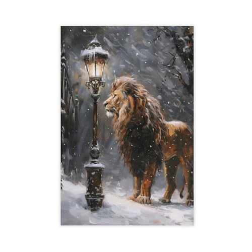 Poster lion paysage d'hiver sur toile pour une chambre ou un bureau cosy