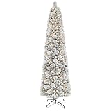Puleo International 6.5ft Flocked Portland Pine Pencil Christmas Tree with 300 Clear Lights, 410 Realistic Dense Branch Tips, Easy Setup Artificial Trees with Sturdy Metal Stand