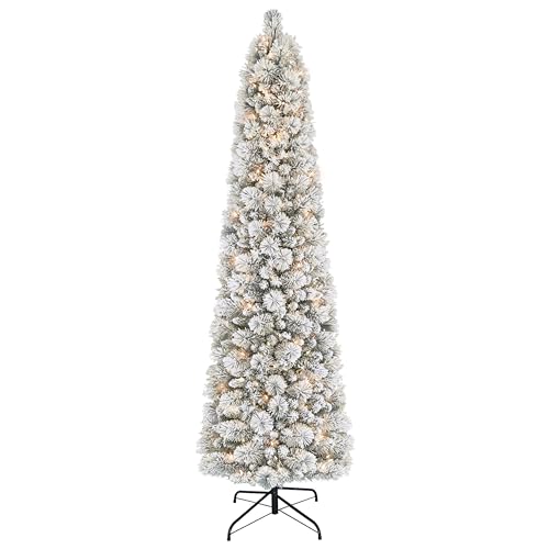 Puleo International 6.5ft Pre-Lit Flocked Portland Pine Pencil Christmas Tree with 300 Clear Lights, 410 Realistic Dense Snow Flocked Branch Tips, Easy Setup Artificial Trees with Sturdy Metal Stand