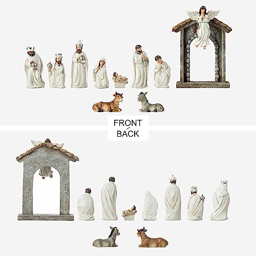 Image of Glitzhome Christmas Nativity Set Nativity Scene Set Indoor 8 in Resin Nativity Figurines Set 11 Pcs Removable Angel Statue Ivory Nativity Sets & Figures Christian Holy Family Figure with Baby Jesus