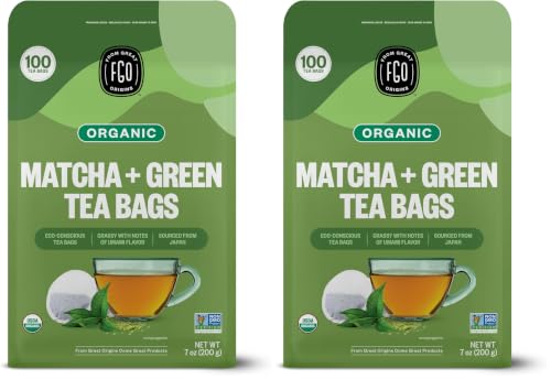 FGO Organic Japanese Matcha + Green Tea, 100 Count, Eco-Conscious Tea Bags, Resealable Bag, Packaging May Vary (Pack of 2)