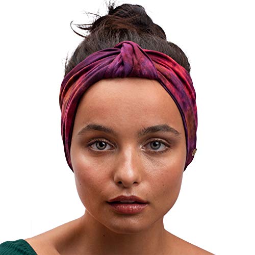 BLOM Original Tie Dye Headbands for Women. Traditionally dyed in Bali. Wear for yoga, fashion, working out, travel, or running. Wear wide turban knotted. Multi style design. Eco Fabric. (Passionfruit)