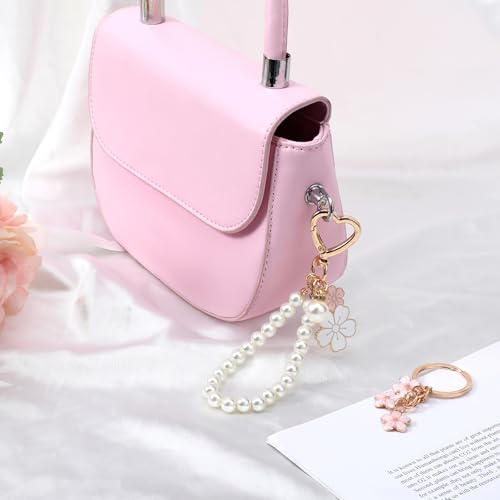 2 Pcs Cute Pearl Keychains for Women, Flower Keychain Kit Imitation Pearl Chain Key Chain Golden Car Key Chain Flower Keychain Charm for Girls Purse Bag Accessories - Image 6