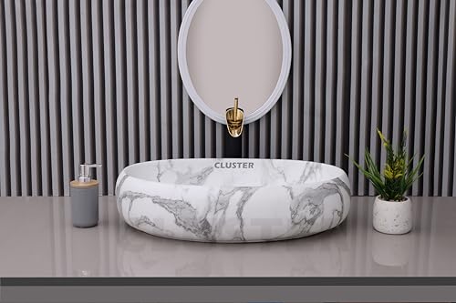 Image of CLUSTER Designer Glossy Ceramic Table Top Wash Basin For Bathroom | Countertop Bathroom Sink For Livingroom, Resturant Decor, Oval Shape (24 x 16 x 6 inch)