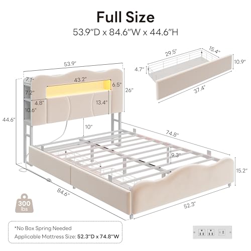 Image of LIKIMIO Full Upholstered LED Bed Frame with 2 Storage Drawers and Bookcase Storage Headboard, Velvet Princess Platform Bed with Charging Station, Heavy Duty Metal Support, No Box Spring Needed, Beige
