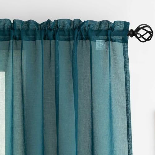 Image of Green Sheer Curtains 84 inch Length 2 Panels Set, Airy Soft-Touching Rod Pocket Voile Drapes for Living Room /Bedroom, Sheer Curtain Panels Set 84 inch Inches Long, Light Filtering, Each 52 inch W x 84 inch L