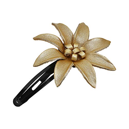 Pince à cheveux cuir véritable artisanale fleur de lys dorée luxe
