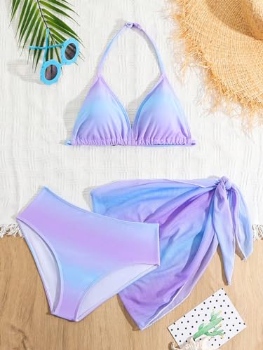 Image of WDIRARA Girl's 3 Piece Swimsuit Halter Triangle Bikini Set Ombre Beach Sport Swimsuits with Cover Ups