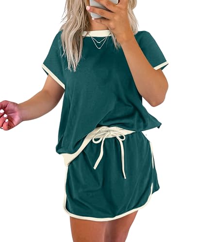 SELINK Lounge Sets for Women 2 Piece Skirt Colorblock Drop Shoulder T Shirt and Skort Set Summer Tracksuits