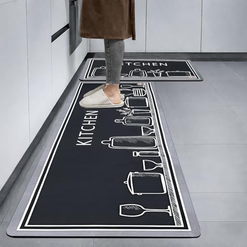 Image of Luxe Home Kitchen Mat Combo Kitchen Design Standing Desk Floor Mat Non Slip Kitchen Rugs, Comfort Runner Floor for Home Office, Sink & Laundry - Grey (116x36 & 58x36 cm PC-2)