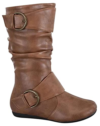 Image of Forever Link Women's Klein-70 Closed Round Toe Buckle Slouch Flat Heel Mid-Calf Boot