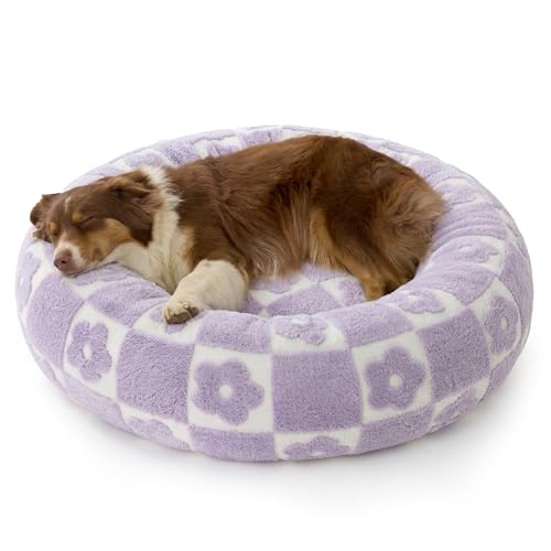Image of Lesure Shown on TV Donut Dog Beds Large - XL Calming Round Sofa as Present for Pets with Washable Cover, Orthopedic Home Decor Bed with Jacquard Shaggy Plush & Anti Slip Bottom, 36 Inch,Flower Checks