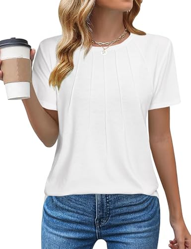 Gyabnw Damen Shirt Kurzarm Oberteile Sommer Tops für Damen Elegant Rundhals Shirt Casual Plissee Sommershirt